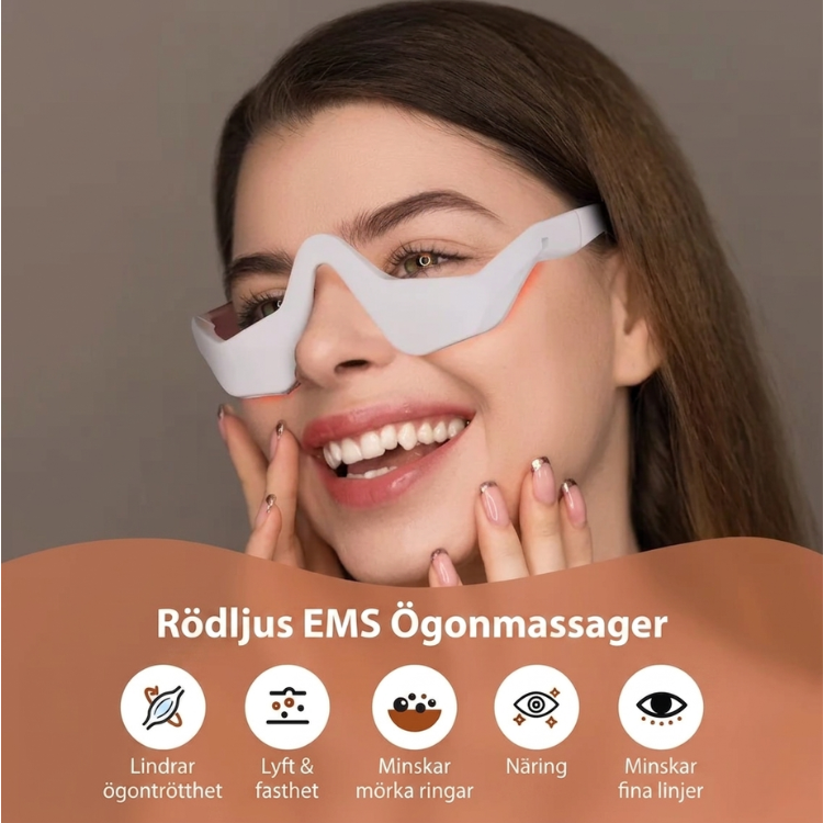 Kvinna bär InfraRelief™ Rödljus EMS Ögonmassager – fem fördelar: lindrar ögontrötthet, lyft och fasthet, minskar mörka ringar, näring, minskar fina linjer